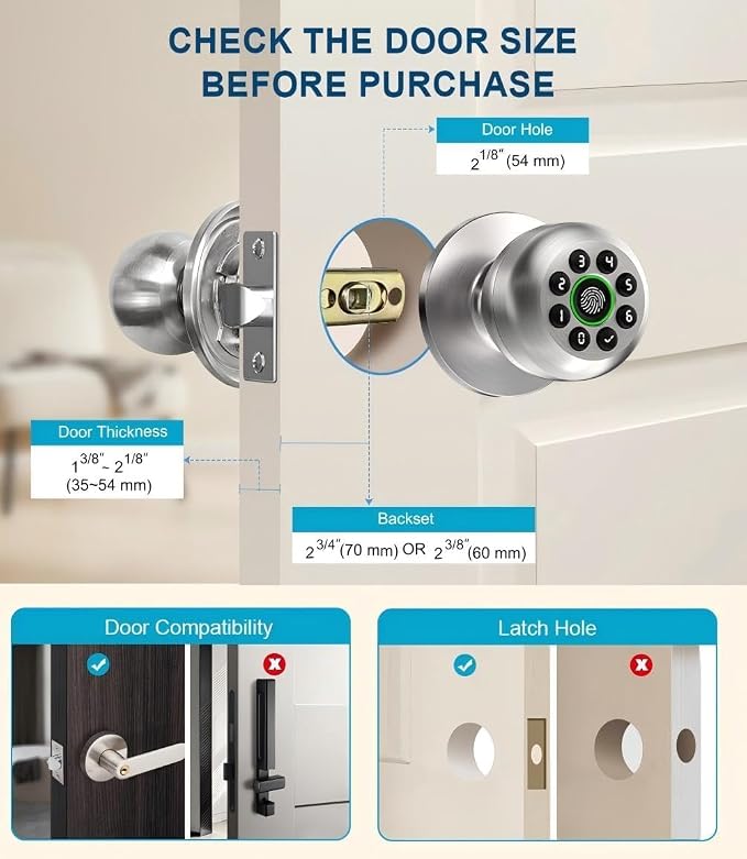 Door Knob with Lock,Keyless Entry Fingerprint Door Lock,Polished Silver | Smart Lock with Auto-Lock , App, Key, Fingerprint Door Locks with Keypad for Front Door, Apartment, Hotel, Interior, Exterior