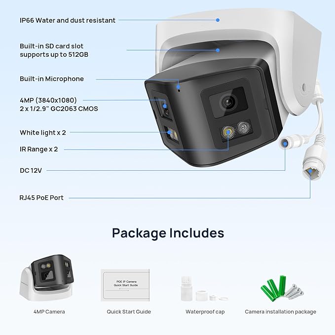 PANOEAGLE 4MP Dual Lens PoE IP Camera Outdoor with 170° Panoramic Wide Angle,Full Color& IR Night Vision,Human Detection,Two-Way Talk, Micro SD Card Slot, IP67, WDR