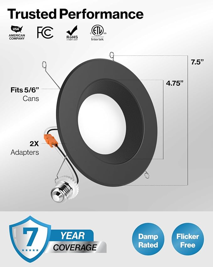 Sunco 4 Pack LED Black Recessed Light 6 Inch, 5CCT 2700K/3000K/3500K/4000K/5000K Selectable, Dimmable Can Lights, Baffle Trim, 13W=120W, 965 LM, Damp Rated, Retrofit Installation, UL Listed