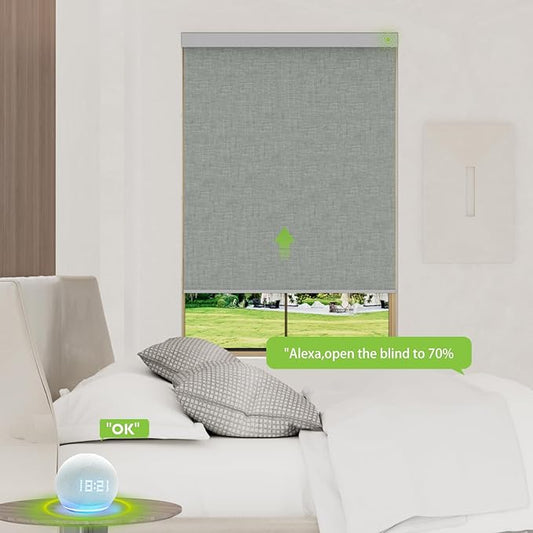 Motorized Blinds with Remote,100% Blackout Smart Blinds Motorized Roller Shades Compatible with Alexa Automatic Blinds for Windows Electric Window Blinds Customized Size Light Gray Mist