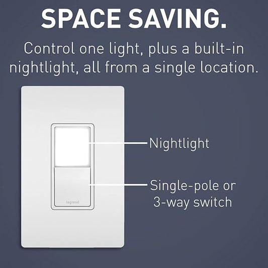 Legrand Radiant Combination Adjustable LED Night Light Rocker Switch, 3-Way Hallway Bedroom Night Light, 5 Light Levels, NTL873WCC6, 15 Amp, White