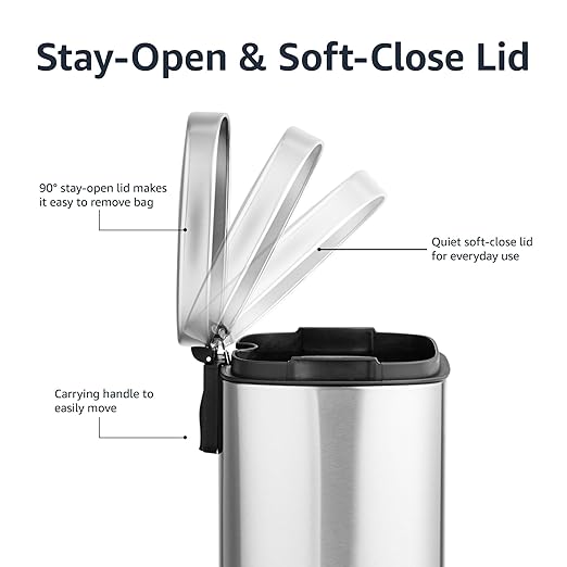 Amazon Basics MINI Trash Can, 1.32 Gallon (5L) Smudge Resistant Rectangular Bin with Soft-Close Lid, Step Foot Pedal, Removable Inner Bucket, Brushed Stainless Steel, for Bathroom, Satin Nickel Finish