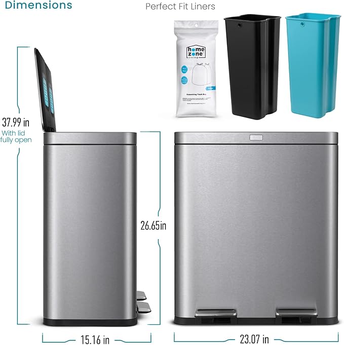 Home Zone Living 16 Gallon Kitchen Trash Can with Dual Compartments for Recycling and CleanAura for Odor Control, Stainless Steel, 60 Liters Total