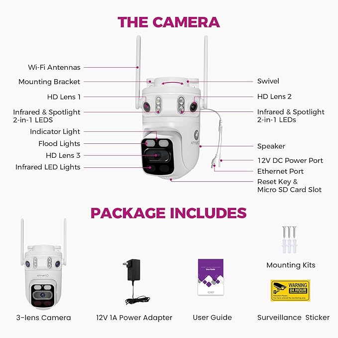 xmartO 6MP Tri-Lens WiFi Security Camera, 360ยฐ Pan Tilt AI Auto Tracking, 3 Live Views, Long Range Wireless, Plug-in 24/7 Home Surveillance, Local Storage & Mobile Remote View