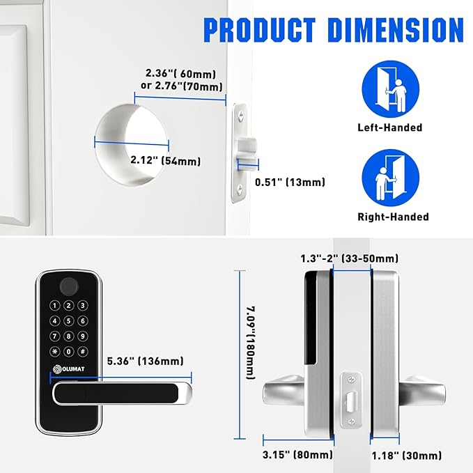 OLUMAT Smart Door Lock with WiFi Gateway, Keyless Entry Door Lock with Handle - Smart Locks for Front Door with Keypad - Fingerprint Locks with App Control - Auto Lock