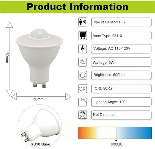 2-Pack 5W GU10 Led Bulbs with Infrared Sensor, Equivalent to 50W Incandescent, Auto On/Off PIR Infrared Detection Lamp, for Stairs, Garage, Corridor, Walkway, Yard, Hallway, Patio, Not Dimmable