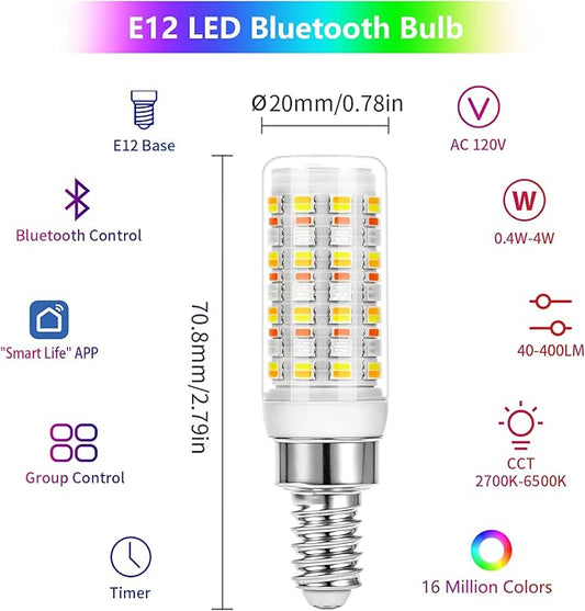 E12 LED Bulb, Smart Bluetooth RGB Color Changing Light Bulb with APP Control, AC 120V, 4W 400LM, 2700K-6500K Dimmable White,16 Million Colors,Brightness 1-100%,Timing & Music Mode (2 Pack, Bulbs Only)