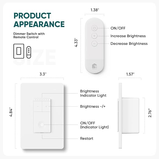 TREATLIFE Dimmer Switch with Magnetic Remote, Wireless Light Switch, Single Pole Dimmer Light Switch, Neutral Wire Required, Works with Dimmable LED/CFL/INC, 400W Max