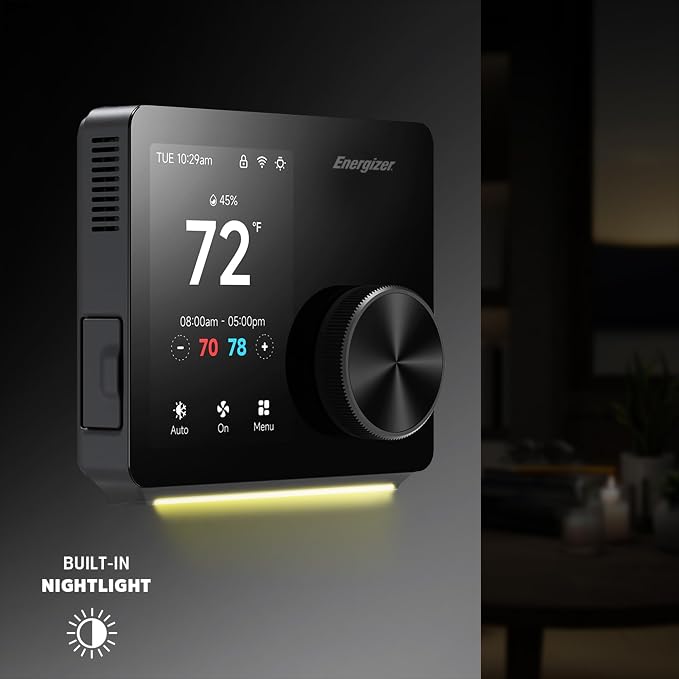 Energizer Smart Thermostat, Programable Wi-Fi Thermostat, 5GHz & 2.4GHz, Compatible with Alexa and Google, App Control, 3.5” inch Color Touch Screen, Easy Installation, 7 Day Scheduling, Night Light
