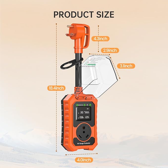RV Surge Protector 30 Amp Waterproof- Smart 30Amp Power Protectors with Real-Time KWH, Voltage, and Current Monitor Large Screen, LED Display Circuit Analyzer for Camper Travel Trailer