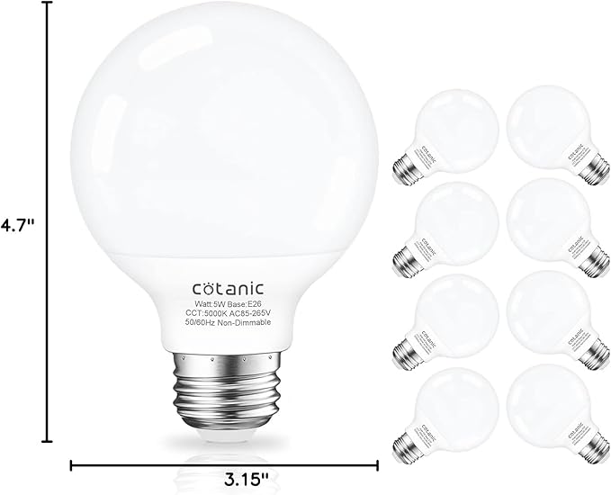 Cotanic 5000K Daylight Globe Light Bulbs, E26 Standard Base, 5W(60 Watt Equivalent Incandescent Replacement), 500LM, Non-Dimmable, 8-Pack, Bathroom G25 LED Vanity Light Bulb