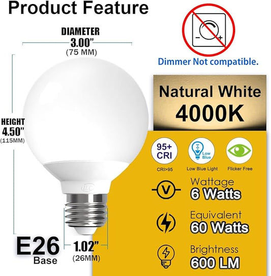 ILC G25 Globe Light Bulbs, App-Controlled Vanity Light Bulbs via Bluetooth Mesh,1600 Million Colors, 600LM, 6W, 60W Equivalent, 4000K Natural White, CRI>95+, E26 Base, Dimming via app only, 6 Pack