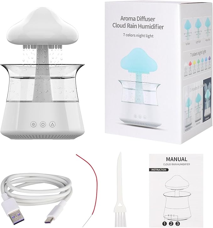 cjc Cloud Rain Humidifier for bedroom with Soothing Rain Sounds Sleep Aid, Waterfall Night Light, Mushroom Design Air Moisturizer,Room Decor Aesthetic for living room (White)