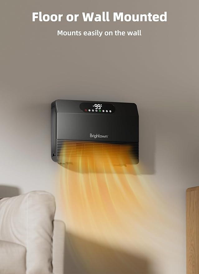 Brightown Wall Heater for Indoor Use, Space Heater with ALCI Plug 1500W, 5 Modes, Adjustable Thermostat, Easy Install Heater for Bedroom Bathroom with Remote Control, 12H Timer, Work with Alexa, Grey