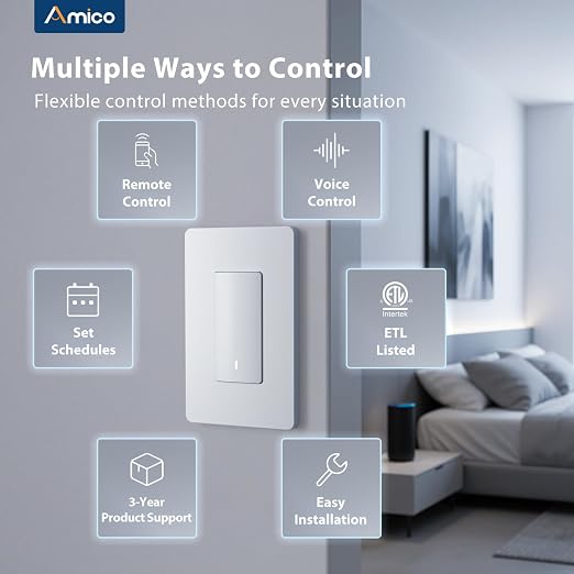Amico Smart Wi-Fi Switch, 3 Pack, Light Switch Controlled by App, Single-Pole, Voice Control Compatible, Timer & Countdown, LED Indicator, Neutral Wire Required, ETL Listed