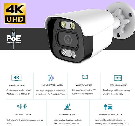 8MP 4K POE Security Camera Outdoor, IP67 Waterproof, Human Vehicle Detection IP Camera, Color Night Vision, Two-Way Audio,2.8mm Wide Angle, Remote Access