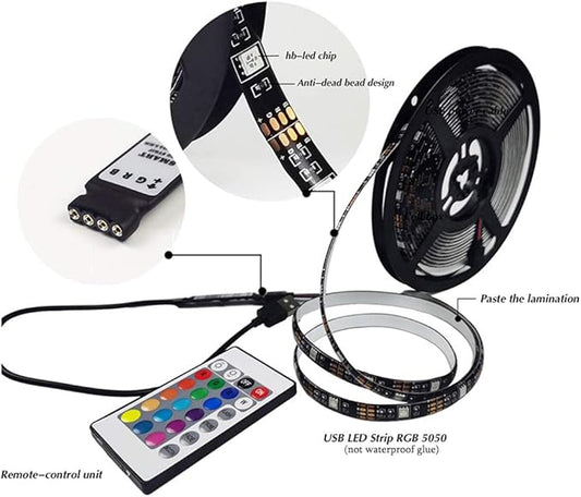 RGB Led Strip 16.4ft,5V USB Colorful 30LED S/M SMD 5050 Flexible Lights for TV Backlight Room Decor,with 24 Keys Remote Controller