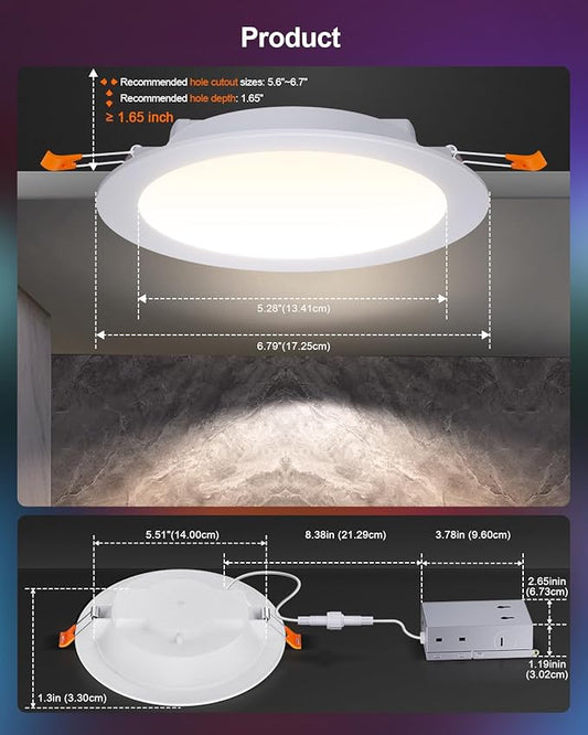DUSKTEC Smart Recessed Lighting 6 Inch, RGBCW LED Recessed Ceiling Light Compatible with Alexa, Siri, Google Assistant, Dimmable 16W 1500LM Canless Downlight with Junction Box for Living Room, 6 Pack