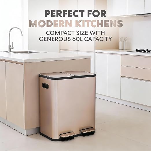 SIMPLI-Magic 60L / 16 Gallon Dual Compartment Kitchen Trash Can - Hands-Free Step Pedal, Soft-Close Lid, Stainless Steel Recycling Bin with Odor Control (30L + 30L)
