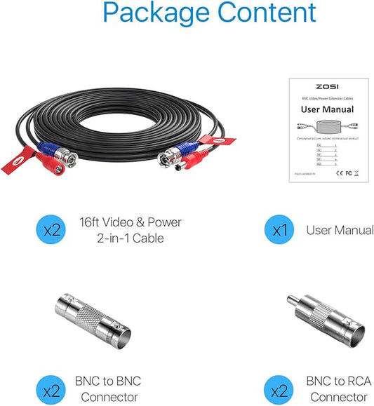 ZOSI 2 Pack 16ft 2-in-1 BNC Video Power Cables, 5M bnc Extension CCTV Wire Cord for Security Camera dvr Surveillance System (Black, with BNC RCA Connector)