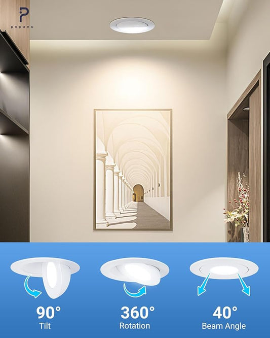 POPANU Recessed Lighting 4 inch Gimbal 9W 5CCT Swivel Ceiling Eyeball Spotlight 4inch Dimmable Recessed Lights, Soffit Indoor Directional Lighting, 90° Tilt and 360° Rotation White 2 Pack