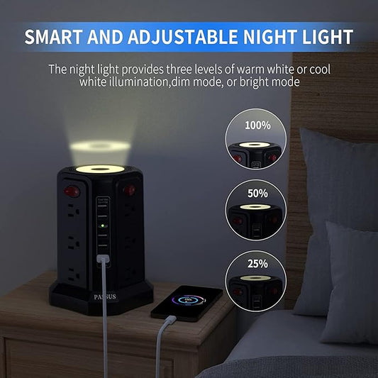 Surge Protector Power Strip Tower with 5 USB Ports and Night Light, 10FT Extension Cord with 12 AC Multiple Outlets, PASSUS Power Tower, Overload Protection for Home Office Dorm Room (2PC-Black)