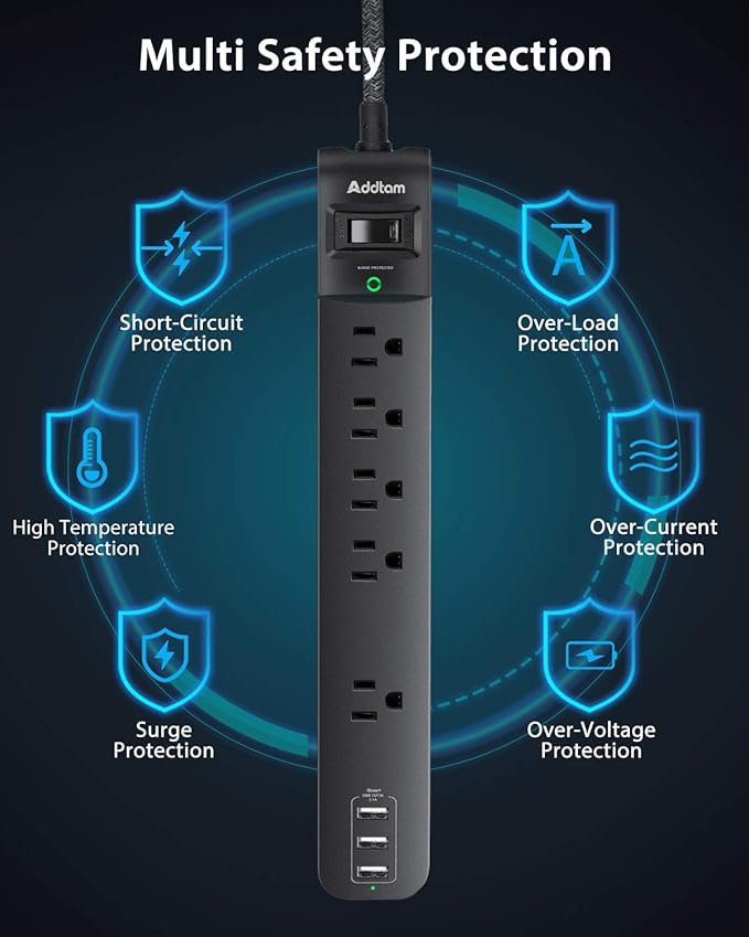 15FT Power Strip Surge Protector - Extension Cord with 5 Widely Outlets 3 USB Charging Ports, Flat Plug Overload Surge Protection, Wall Mount, Multi Outlet Extender for Home, Office ETL Listed, 2 Pack