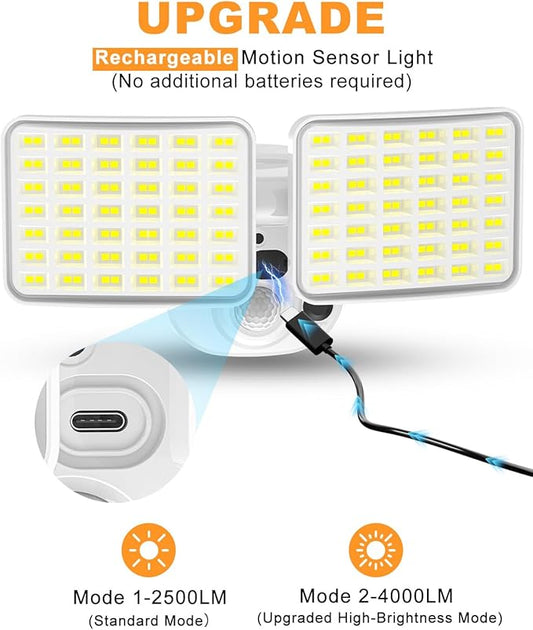 Rechargeable Battery Motion Light, 2500LM & 4000LM Dual Modes Battery Powered Motion Sensor Lights, USB Charging Wireless Flood Light, LED Outdoor Security Lights for Garage,Yard,Porch,Shed, White