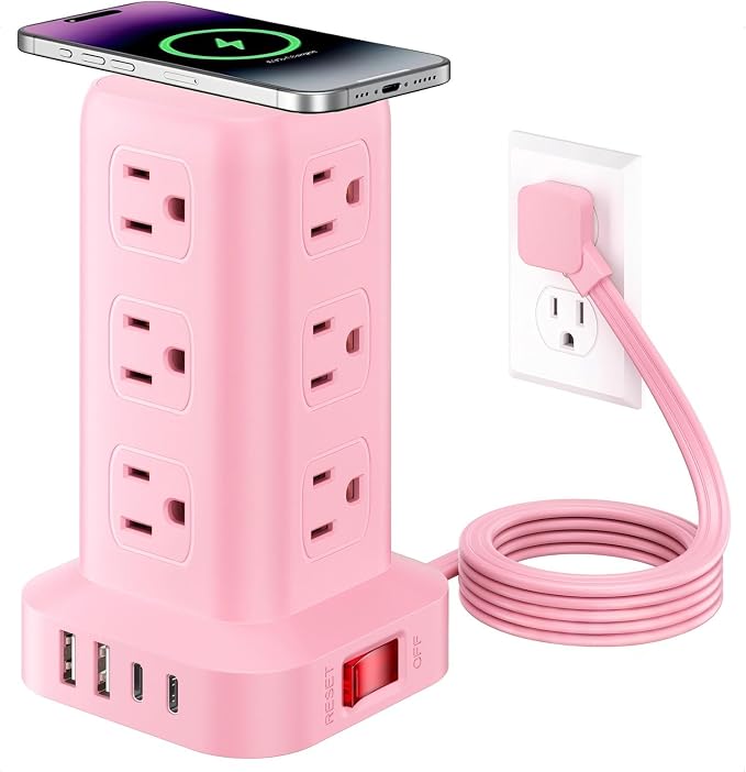 Extension Cord with Multiple Outlets, SMALLRT Outlet Extender with 12 AC Outlets 4 USB, 6.5FT Power Strip Tower for Home Office Supplies, Pink