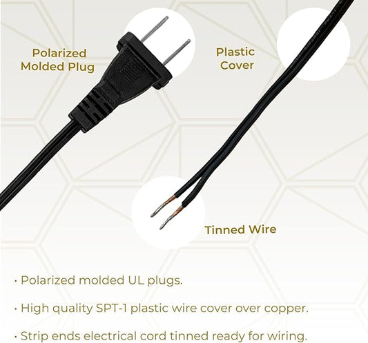Royal Designs, Inc. 8 Foot Replacement Lamp Cord with Molded Plug and Rotary Dimmer Switch, Stripped Ends Ready for Wiring, SPT-1 Safe for USA, CO-1001D-BLK-8-1, Black