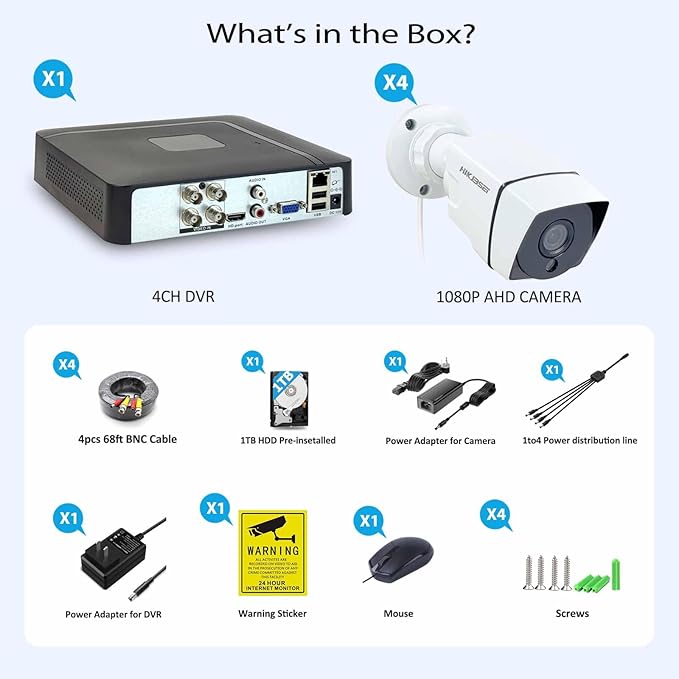 1080P H.265+ Home Security Camera System with 1TB Hard Drive,5MP 3K Lite 4 Channel CCTV DVR Recorder and 4 x 1080p Surveillance Bullet Camera Outdoor Indoor