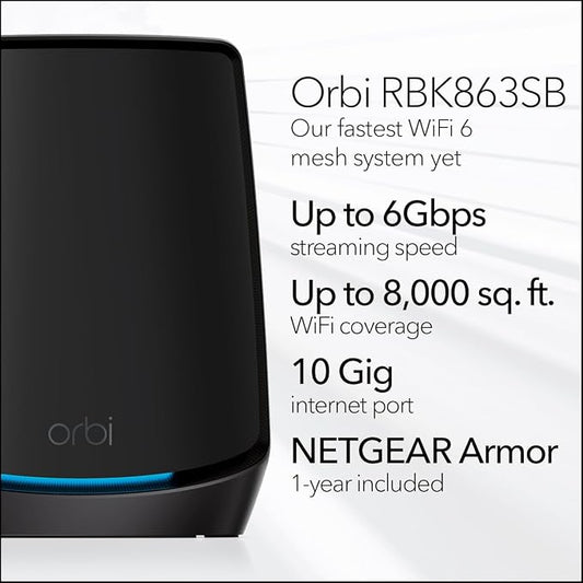 NETGEAR Orbi Tri-Band WiFi 6 Mesh System (RBK863SB) – Router + 2 Satellite Extenders - Security Features - Covers up to 8,000 sq. ft., 100 Devices - 10 Gig Internet Port - AX6000 (up to 6Gbps) - Black