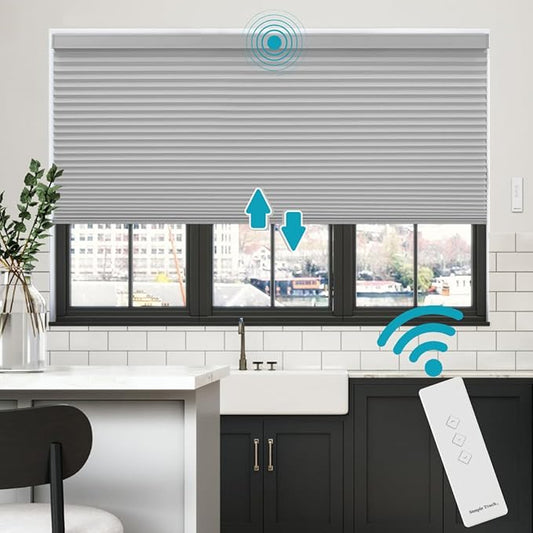 BlindsAvenue Simply Motorized Cellular Shades with Remote Control, Automatic Electric Cordless Wireless Blinds for Indoor Window, Blackout Blind, Color: Gray Sheen, Size: 22.5" W x 72" L