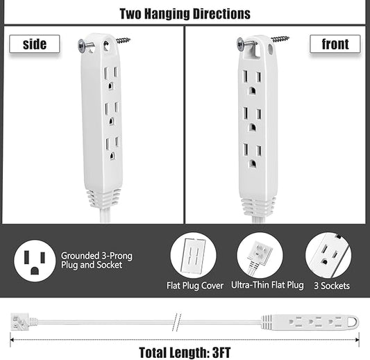 CABOCASA 3FT Ultra Flat Plug Extension Cord Power Strip with 3 Outlets, Patented Detachable Ultra-Thin Outlet Cover Concealer & Ultra-Flat Plug, Max. 13A 125V 1625W ETL Listed, White Color