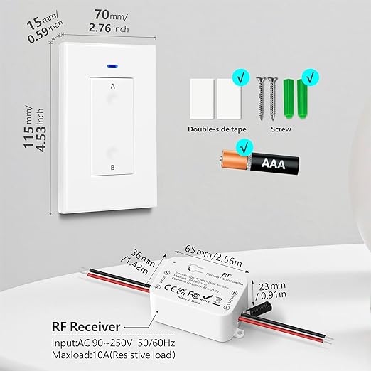 DieseRC AC 110V 120V 220V 240V Wireless Remote Control Light Switch 1500W 1 Channel 433Mhz RF Relay Receiver with 2 Transmitters Keyfob for Lamp Bulb, Easy to Install