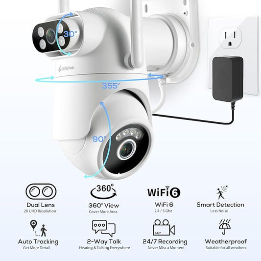 Home Security Camera System Wireless, Dual Lens 2K Security Cameras Wireless Outdoor, 2-Cam Kit, 2.4/5GHz WiFi, 360° PTZ, Auto Tracking, Motion Detection, Night Vision, 10CH NVR with 500GB HDD