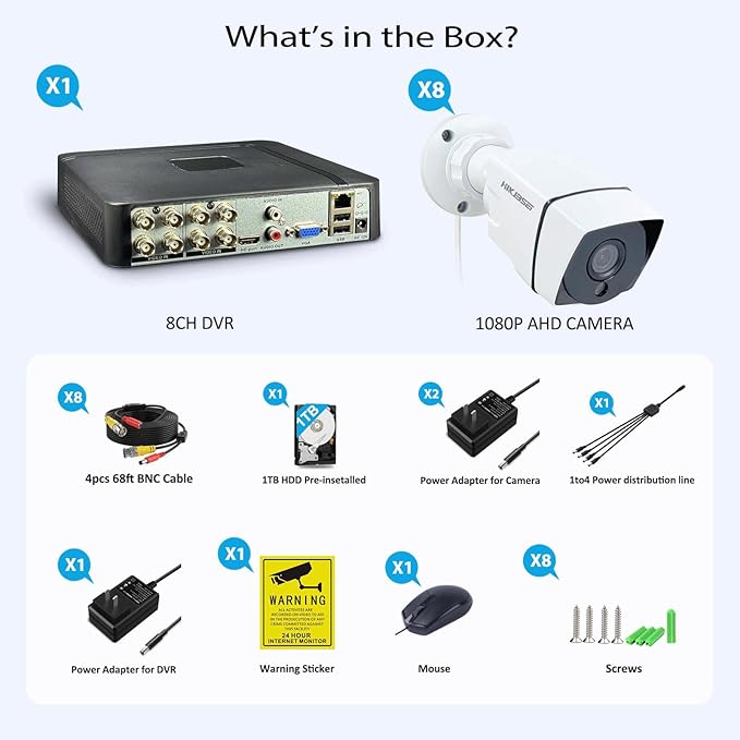 8CH Home Wired Security Camera System with 1TB Hard Drive, 8Channel 5MP H.265+ 5-in-1 DVR System, 8 x 1080p Metal Weatherproof Surveillance Wired Cams, 80ft Night Vision, Remote Access