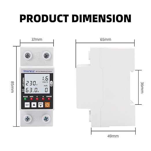 WiFi Smart Energy Meter AC 63A 80-300V WiFi Smart Earth Leakage Over Under Voltage Protector Relay Device Switch Breaker Energy Power kWh Meter Smart Life 110V,Compatible with Alexa Google Home