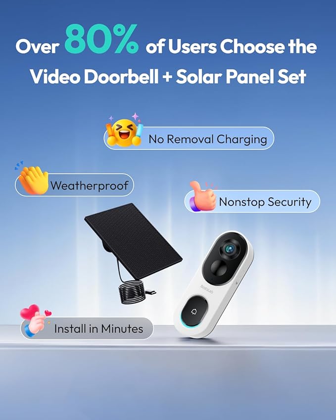 BOTSLAB 2K Doorbell Camera Wireless with Solar Panel, Nonstop Power Video Doorbell with Head-to-Toe View, No Monthly Fee, 2-Way Audio, Human Detection, 5200mAh Battery, 2.4Ghz WiFi
