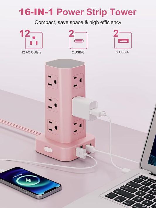 Power Strip Tower Surge Protector, 6FT Flat Plug Extension Cord with Multiple Outlets, 12 AC Outlets 4 USB (2 USB C), Desktop Charging Station with Surge Protection for Home Office Dorm Room, Pink