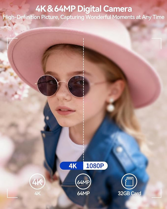 Digital Camera,4K 64MP Autofocus Vlogging Camera with Dual Lens,18X Zoom/WiFi/32GB Card/,Point and Shoot Cameras for Boys Girls Gifts (XJ700-Pink)