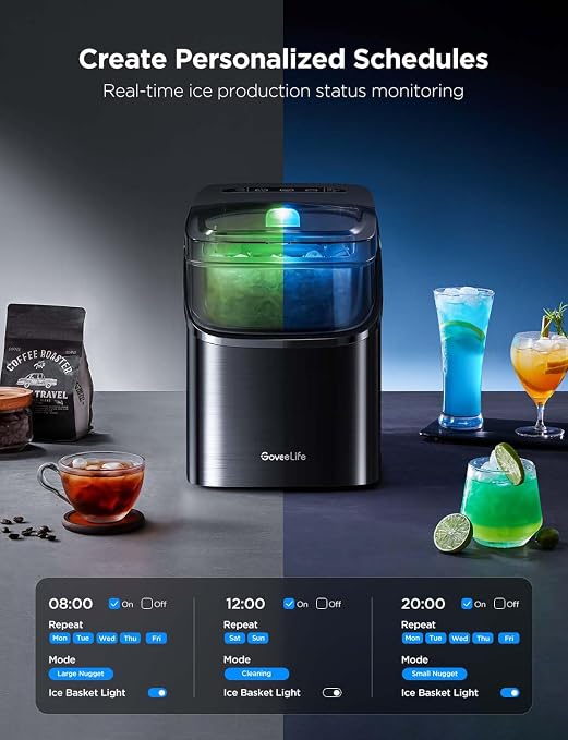 GoveeLife Smart Ice Maker Countertop, Portable Ice Machine with Voice Control, 9 Ice Cubes in 6 Minutes 3 Sizes, 26lbs/24Hrs, Self Cleaning RGB Lights, Quiet Ice Maker with Scoop for Kitchen Black | 9 Ice Cubes in 6 Mins 3 Sizes, Self Cleaning, RGB Lig...