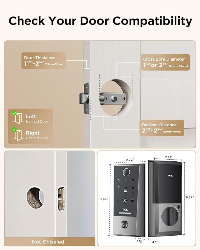 TCL Smart Lock D2 Plus, Keyless Entry Fingerprint Door Lock, Touchscreen Keypad Deadbolt Lock, Built-in Doorbell, Auto Lock, App Control, Alexa, Google Home Compatible, Easy Install for Front Door