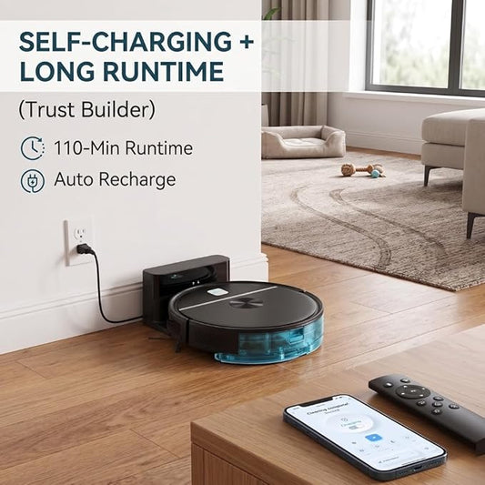 Smart Robot Vacuum Cleaner & Mop, 5000Pa Suction Auto Sweep & Mop, Carpet Boost, Edge & Spot Cleaning | App, Remote & Button Control Auto Recharge, 110 Min Runtime for Hard Floors & Pet Hair