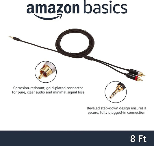 Amazon Basics 3.5mm Aux to 2 RCA Audio Cable Adapter for Amplifiers, Active Speakers, Gold-Plated Connectors, Clear Sound Quality, Shielded Construction, 8 Feet/2.4 m, Black