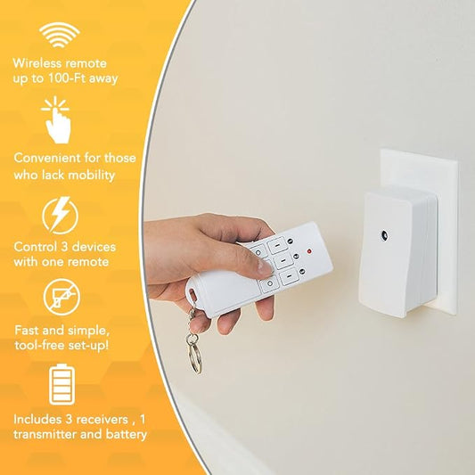 Southwire Woods Indoor Wireless Remote Kit - Controls Up to 3 Devices - Long-Range Remote Switch - Convenient One-Touch Controller - Energy-Saving Outlets - White/Orange