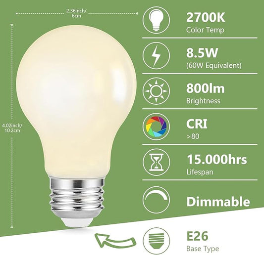 Sigalux A19 LED Filament Light Bulbs, Milky Finish, 8.5W (60W Replacement), 800LM, 2700K Soft White, Dimmable, E26 Medium Base, Pack of 12 for Home and Office