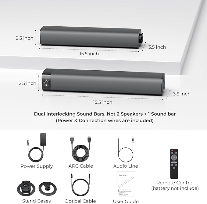 Sound Bar for Smart TV, 80W Soundbar with Bluetooth/ARC/Opt/AUX Connect, Dynamic Volume Boost, 3 Equalizer Modes, 2 in 1 Detachable Soundbar for TV/PC/Gaming/Projectors