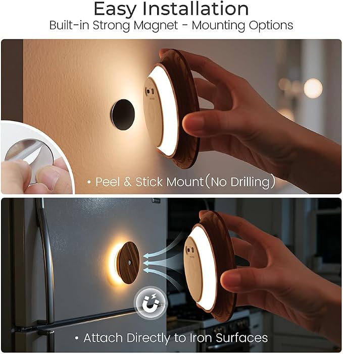 Motion Sensor Night Light 2 Packs, Wood Rechargeable Stair Lights