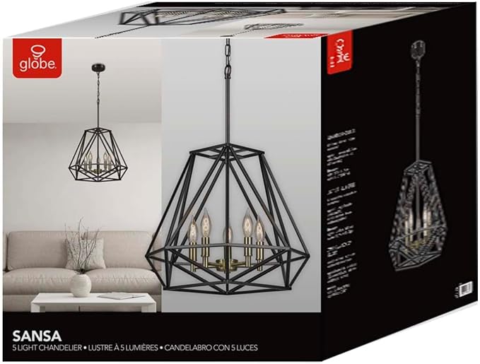 Globe Electric 65435 Sansa Chandeliers, Matte Black, Gold Accent Socket, Bulb Not Included